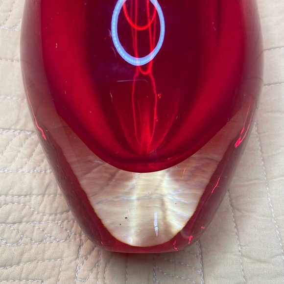 Red Cut Glass Vase 8.5”x5” Angled Top Unsigned Encased Glass - Picture 4 of 8